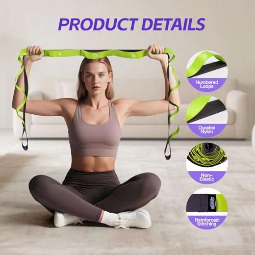 Non Elastic Stretching Strap with Loops - Yoga Straps for Physical Therapy, Durable Stretch Bands for Exercise, Flexibility Training, Hamstring & Leg Stretcher, Yoga/Pilates/Gymnastics - color: Green