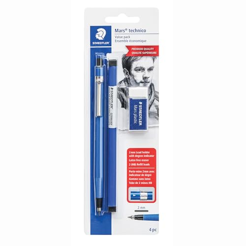 STAEDTLER Mars Technical Mechanical Pencil Set, Blue, (788 SBK4) | 1 pencil - 2 mm, 1 eraser, 2 ea 2H lead refills. 4pc
