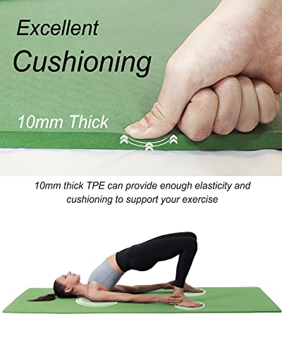 YR Large Exercise Mat 76"x35" 10mm Thick TPE Yoga Mat Non Slip | Workout mats, home gym, anti-tear, easy-to-clean, odor-less, excellent cushion, with yoga bag - color: Green