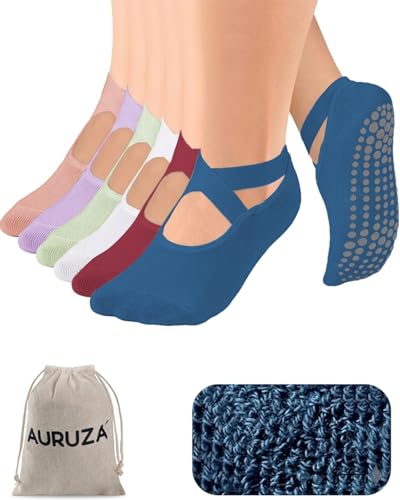 AURUZA Pilates Grip Socks for Women Non Slip Skid Yoga Socks with Grips Straps for Ballet Dance Workout Gripper Sock - color: 6pairs- Blue+red+white+green+purple+pink, size: Large