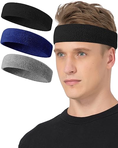 Tanluhu Sweatbands Sport Headbands for Working Out, Exercise, Tennis, Basketball, Running - Terry Cloth Athletic Sweat Cotton Headband Outdoor for Men & Women - color: Black/Gray/DP Blue