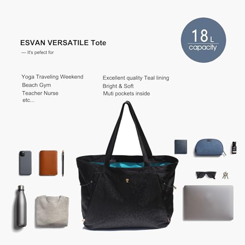 ESVAN Yoga Tote Bag for Women Shoulder Bags Drawstring for Office Workout Travel Carryall Pilates Gym and Beach - color: Nylon Black