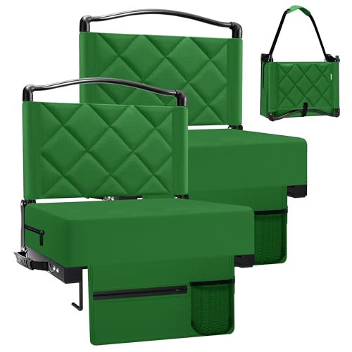 Stadium Seats with Back Support and Cushion Thick Padded Bleacher Chairs with Shoulder Strap, Portable Folding Stadium Seat Chairs for Bleachers Include Cup Holder and Side Pocket (Green, 2pcs) - color: With Pocket-green, size: 2pcs