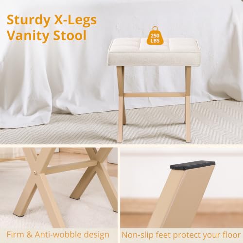 LUE BONA Square Linen Makeup Stool, Metal X Legs, Small Ottoman Stool Chair for Vanity, Modern Padded Seat Foot Rest for Makeup Room, Bathroom - color: Linen Color-sand Legs