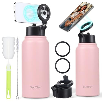 Insulated Water Bottle with Magnetic Phone Holder Compatible with MagSafe and iPhone,Double-Sided Magnet,Hot 12H Cold 24H,Stainless Steel Water Bottle Phone Mount for Sports Travel,32oz (Pink) - color: Pink