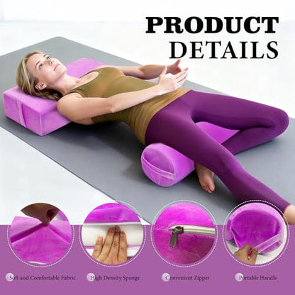 JZHLLA 2 PCS Yoga Bolster Pillow Set Washable Velvet Cover Meditation Bolster with High Density Foam and Carry Handle Rectangular and Cylinder Bolsters for Restorative Yoga