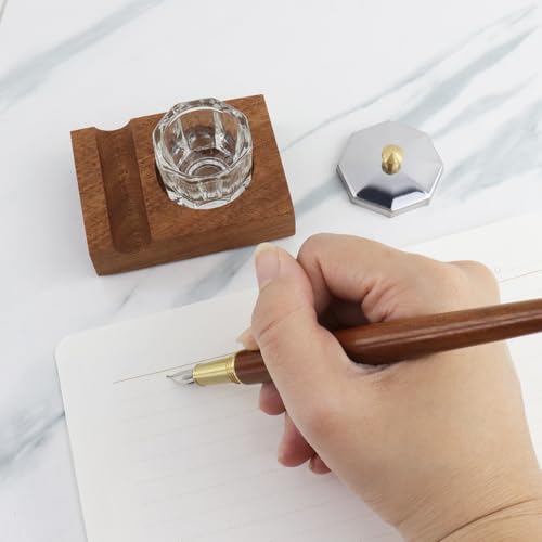 Crapyt Ink Well for Dip Pen Calligraphy Holder, Dip Pen Holder, Pen Rest | 2.83"×2.01"×0.79" Wood Desktop Pen Holder, Calligraphy Oblique Nib Holder