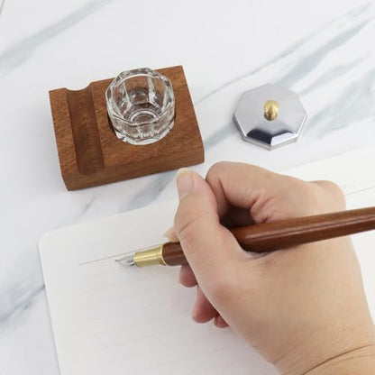 Crapyt Ink Well for Dip Pen Calligraphy Holder, Dip Pen Holder, Pen Rest | 2.83"×2.01"×0.79" Wood Desktop Pen Holder, Calligraphy Oblique Nib Holder