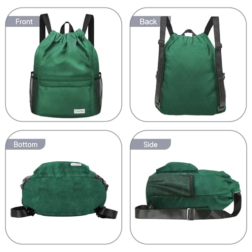 Waterproof Drawstring Backpack Sports Gym Sackpack with Mesh Pockets Water-Resistant String Cinch Beach Bag for Men Women - color: Solid - Green