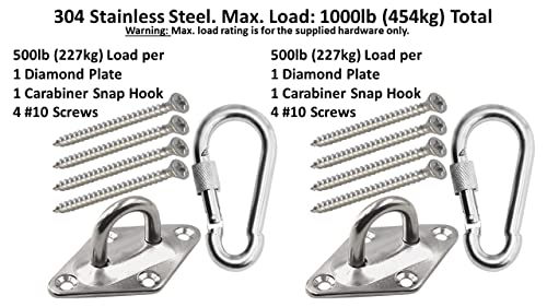 Heavy Duty Hammock Kits & Ceiling Hook Diamond Pad Eye Plates, 304 Stainless Steel & Black Zinc Galvanized Steel Corrosion Resistant, 2, 4 & 8 Packs - color: Silver Diamond Plate Hammock Kit