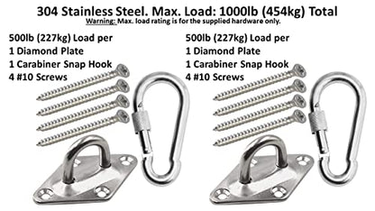 Heavy Duty Hammock Kits & Ceiling Hook Diamond Pad Eye Plates, 304 Stainless Steel & Black Zinc Galvanized Steel Corrosion Resistant, 2, 4 & 8 Packs - color: Silver Diamond Plate Hammock Kit