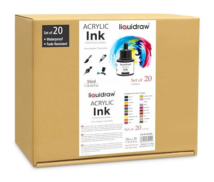 Liquidraw Acrylic Drawing Ink - 20 Assorted Colours | 35 ml Bottles with Ink Dropper | Suitable for Painting, Art Drawing & Design | for Professionals, Artists, Students & Hobbyists | Waterproof - style: Set of 20 (Assorted Colours)