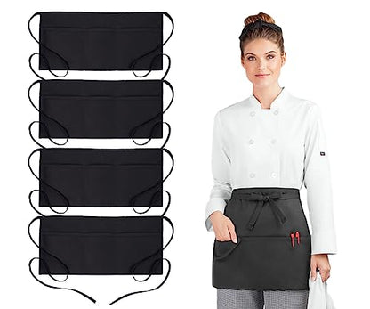 Avalon Kitchen Server Aprons with 3 Pockets – 100% Polyester Waist Apron, 24x12 Inch Half Apron, Waitress Apron for Servers - color: Black, style: Pack of 4