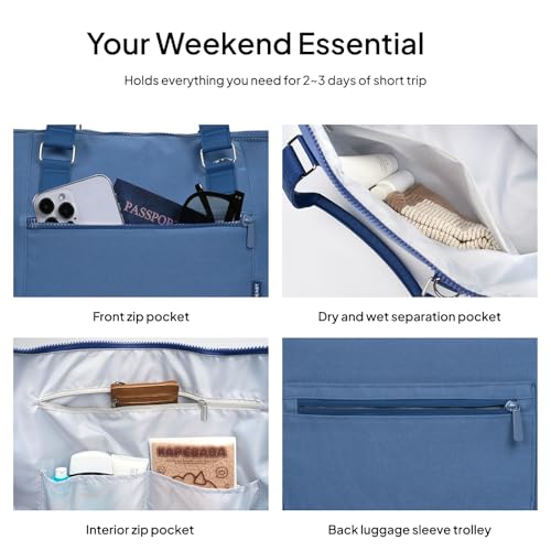 Travel Duffle Bag for Women, 40L Weekender Bags Airline Approved Carry On with Shoe Compartment & Waterproof Wet Pocket, Durable Nylon Weekender Overnight Bag for Travel, Gym, Business Trip, Blue - color: Blue