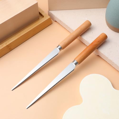 SEWACC 2Pcs Wooden Handle Fettling Knife for Pottery Clay Modeling and Ceramic Sculpture Repair 8.26In Carving Tool Set for Crafting and Trimming