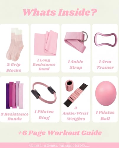 Pilates Kit for Women with Weights, 16 Piece At Home Pilates Workout Equipment Set, Ring and Ball, Bangles, Resistance Bands, Grip Socks, Essentials & Accessories for Beginners