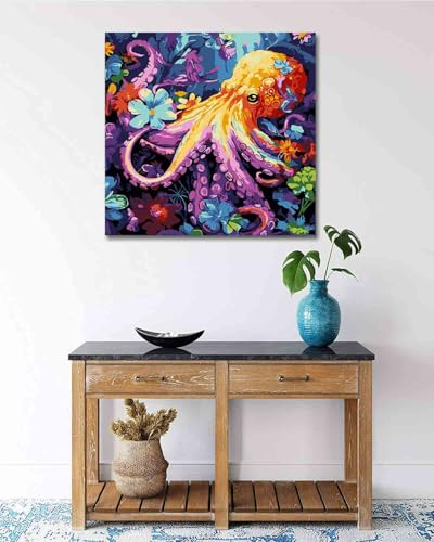 TOCARE Framed Paint by Numbers Kit for Adults Beginners & Kids Ages 8-12,12x12inch Octopus Paint by Number with Frame, Seascape Paint by Numbers Framed Canvas for Amimal Lover(Without Easel) - color: TC-F-293