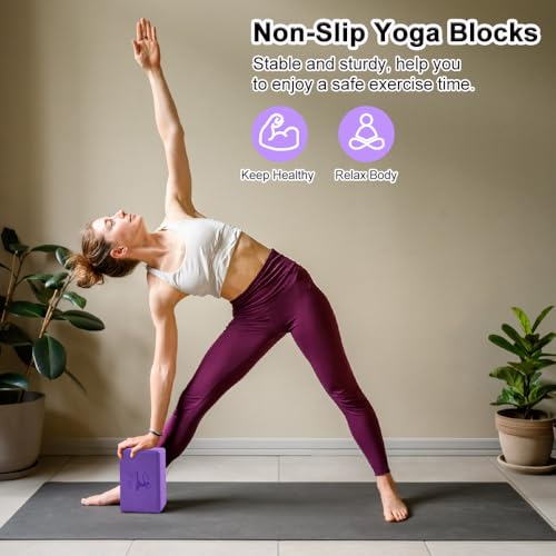 2 Yoga Block and 2 Yoga Strap Set,Non-slip EVA Foam Blocks, High Density Yoga Bricks with 6ft Strap, Supportive Latex-Free Yoga Block Accessories for Pilates - color: Purple B