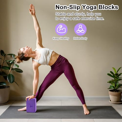 2 Yoga Block and 2 Yoga Strap Set,Non-slip EVA Foam Blocks, High Density Yoga Bricks with 6ft Strap, Supportive Latex-Free Yoga Block Accessories for Pilates - color: Purple B