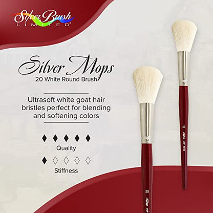 Silver Brush Limited Silver Mop White Round Oil Paintbrush, Size 20 | Acrylic, Watercolor, Pastels, Charcoal, Short Handle, Flagged Bristle, Soft Natural Goat Hair, Wash, Blending, Softening - size: Size 20