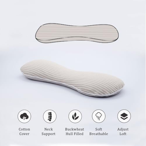 Firm Buckwheat Neck Pillow, Adjustable Height, Cervical Back Support for Neck Pain Relief, Cool Stripe Bone Shape Pillow for Recliner Sleeping, Khaki 19"X7" - color: Stripe Khaki
