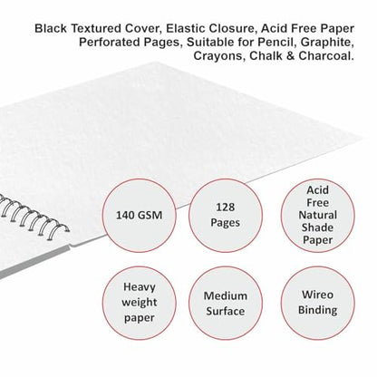 Creo Crafts SketchO WireO Sketchbook A5 Landscape - Spiral Bound Hardcover, 128 Pages (64 Sheets), 140 GSM Natural Shade Acid-Free Paper for Acrylic, Gouache, Sketching & Journaling - size: A5