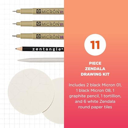 SAKURA #50113 Zentangle 11 Pc Set w/Zendala Round WhiteTiles (4-5/8"" in Diameter), white | All-in-One Kit for Drawing, Relaxing, Meditative Patterns, Includes Gelly Roll and Micron Pens, White Pencil and Black Tiles - size: 1 Count (Pack of 11)