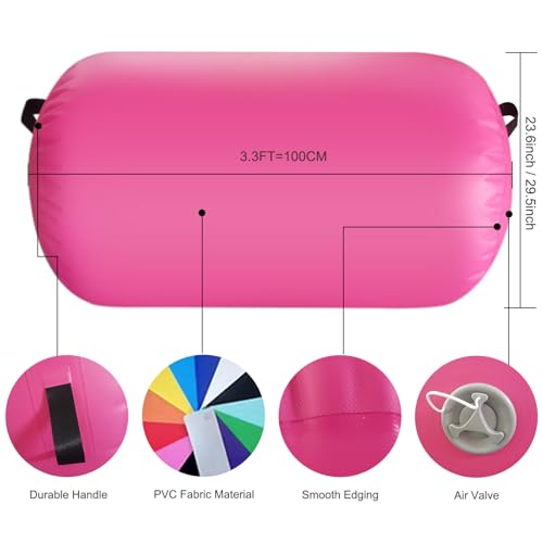 Inflatable Air Roller Mat with Pump for Gymnastics Training - color: pink+pump, size: length 100cm,diameter 75cm
