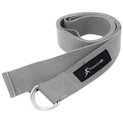 ProsourceFit Metal D-Ring Yoga Strap 8’ Durable Cotton for Stretching and Flexibility - color: Grey