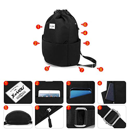 XEYOU Drawstring Backpack Bag Sport Gym Sackpack Beach Cinch Bag | Lightweight Swimming Bag, Water-Resistant Fabric, Travel Daypack for Women and Men - color: Black