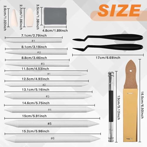 GOLD DEER 40PCS Sketch Drawing Tools, 15 Blending Stumps Set, Pencil Extender, Eraser, 2 Sketch Wipe Scrapers, 2 Sandpaper Pencil Sharpeners & 20 Sponge Replacement Heads with Felt Bag