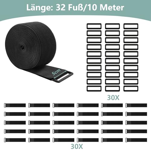 2In x 32Ft Cable Straps Heavy Duty With 30 Buckles, Black Hook and Loop Straps, Reusable Cable Ties for Organizer or Storage. - size: 2In x 32Ft