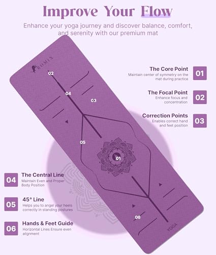 ROMIX Pro Yoga Mat With Alignment Lines, 6Mm Thick Non-Slip Exercise Mat | 72 x 24 In TPE Large Pilates Mat For Home Workout, Stretching, Training, Meditation, Carry Bag Included For Women And Men - color: Purple