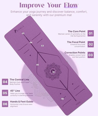 ROMIX Pro Yoga Mat With Alignment Lines, 6Mm Thick Non-Slip Exercise Mat - color: Purple