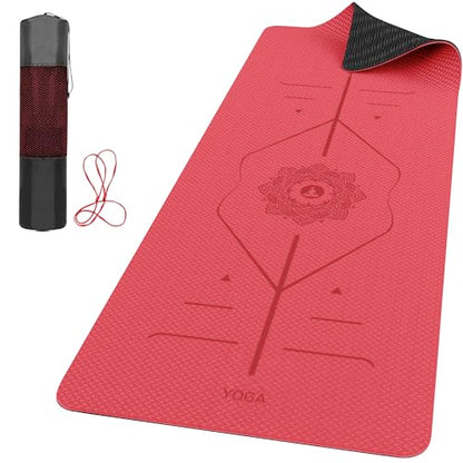 ROMIX Pro Yoga Mat With Alignment Lines, 6Mm Thick Non-Slip Exercise Mat | 72 x 24 In TPE Large Pilates Mat For Home Workout, Stretching, Training, Meditation, Carry Bag Included For Women And Men - color: Red