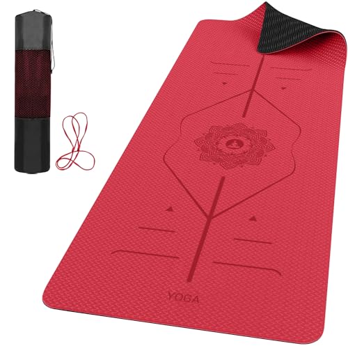 ROMIX Pro Yoga Mat With Alignment Lines, 6Mm Thick Non-Slip Exercise Mat | 72 x 24 In TPE Large Pilates Mat For Home Workout, Stretching, Training, Meditation, Carry Bag Included For Women And Men - color: Red