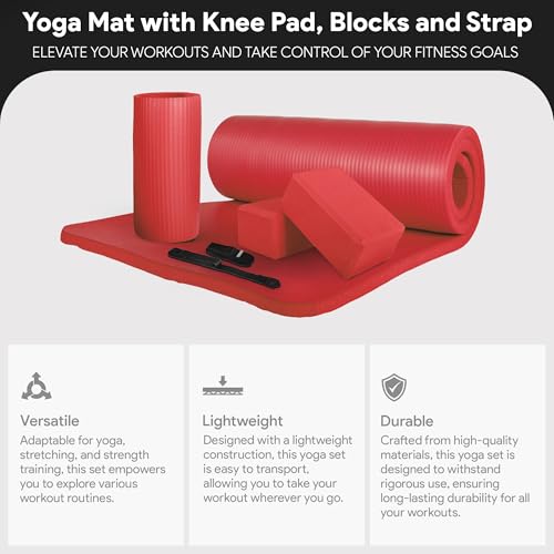 BalanceFrom 71x24 Inches Yoga Mat with Knee Pad and Optional Blocks – Extra 1-Inch Thick Non-Slip Foam with Anti-Tear Surface and Carrying Strap for Home, Studio, or Gym Workouts - color: Red, style: Mat & Knee Pad & Yoga Blocks