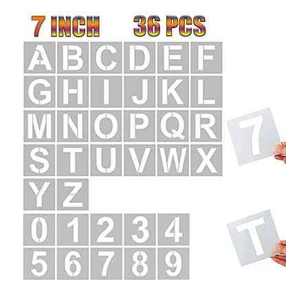YEAJON 36 Pcs Letter Stencils and Numbers, Alphabet Craft Stencils, Reusable Plastic Stencils for Painting on Wood, Wall, Fabric, Rock, Chalkboard, Signage, DIY School Art Projects (7 Inch) - size: 7 Inch