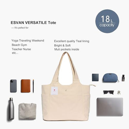 ESVAN Yoga Tote Bag Mat bag Women Shoulder Bags Carryall Tote for Travel Office Workout Gym Nurse Beach - color: Beige