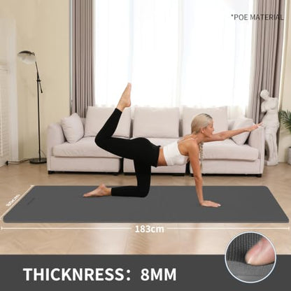 Extra Wide & Thick 8mm Yoga Mat, 72"x31.5" | Large Non Slip Exercise Mat, Premium POE Material, Superior Cushioning & Stability, With Strap for Home Gym, Pilates - color: Black