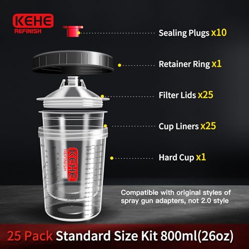 Disposable Paint Cups for Spray Gun,Mixing Cups 26 Ounce (800ml) Kit with 25 Cups and Lids with Strainer System for HVLP&LVLP,1 Hard Cup with Retainer Ring,10 Plugs,3 Caps,1 Wash Bottle - size: 26 oz (Large)-25Pack