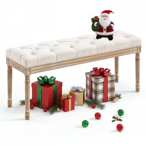 LUE BONA 44" Bedroom Bench, Fabric End of Bed Bench, Upholstered French Tufted Ottoman Bench with Carved Wood Legs for Bedroom End of Double Full Queen Size Bed, Living Room, Beige - color: Beige and Wood, size: 44''