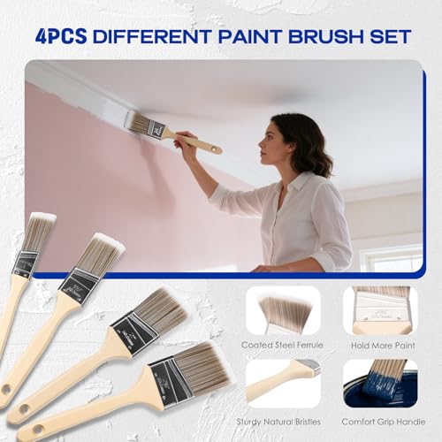 32PCS Paint Roller Kit with 2-4ft Extension Pole, 9" & 4" Roller Covers, Paint Brushes, Tray Liners & Tape, Professional House Painting Supplies for Walls, Ceilings & Cabinets