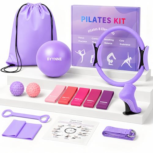 Home Pilates Kit for Women - 14 Pcs Pilates Equipment Set with Pilates Ring and Ball, 5 Resistance Bands Etc Accessories for Beginners Home Workouts - Includes Workout Guide - color: Purple