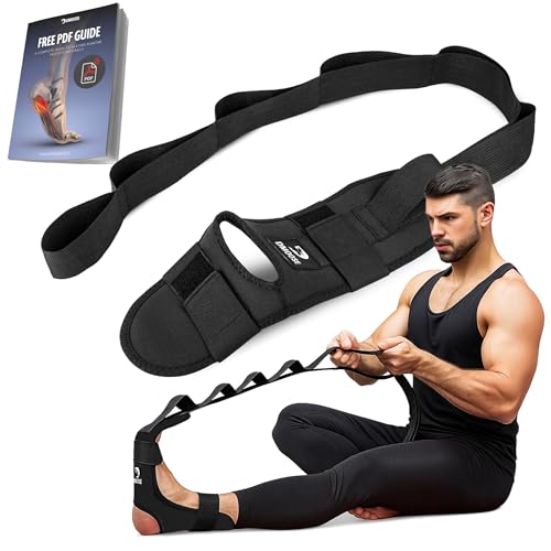 DMoose Fitness Foot & Calf Stretcher with Adjustable Padded Stretching Strap for Plantar Fasciitis, Hamstring, Heel Spurs and Achilles Tendonitis Relief - Yoga Leg Stretch Strap for Flexibility - color: Black