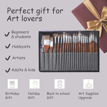 25PCS Paint Brush Set for Watercolor, Acrylic, Gouache and Oil Paint | tumuarta Artist Paint Brushes Kit, Synthetic Nylon Round & Flat Detail Brushes for Art Drawing Beginners & Artists
