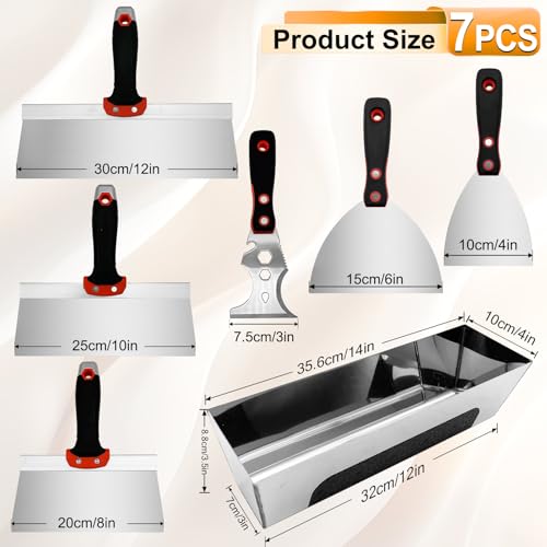 Drywall Knife Set, 7 Pcs Stainless Steel Tools Kit | Putty Knives Tapping Knife Multi-purpose Paint Scrapers with Mud Pan for Drywall Work - color: Black - a Set