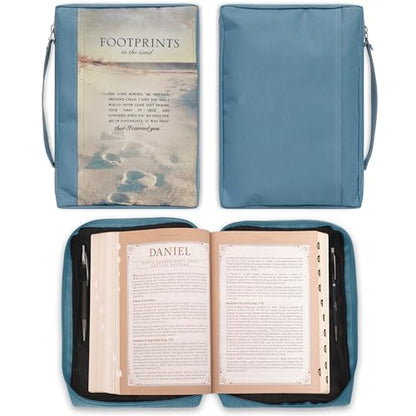 Christian Art Gifts Men/Women's Bible Cover Footprints, Blue Poly Canvas, Medium - color: Blue/Footprints, size: Medium