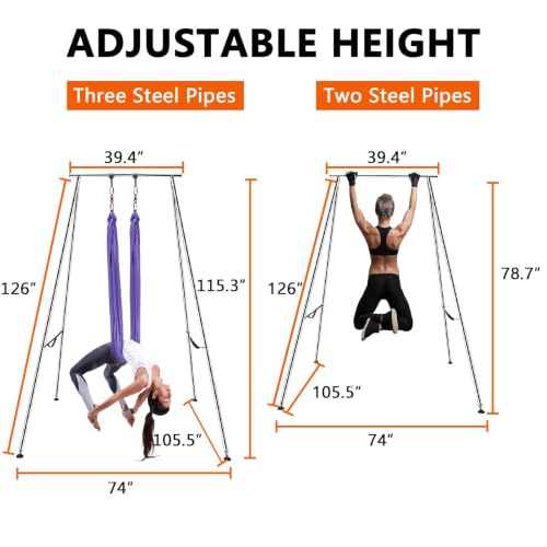 TECSPEC 9.6 FT/115.3 Inch Adjustable Height Aerial Yoga Frame & Hammock, Professional Swing Stand with 18 FT/33FT Aerial Silk, 550lbs Max Capacity - color: Purple