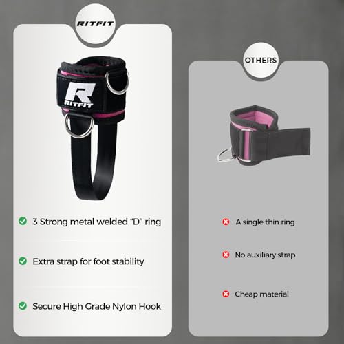 RitFit Kickback 발목 스트랩 패딩 발목 스트랩, 케이블 기계용, 강력한 후크 및 루프, 강화된 3 D링, 조절 가능한 편안한 핏 네오프렌 - 복근, 둔근 및 다리 운동을 향상시키는 프리미엄 발목 커프스 - color: 핑크